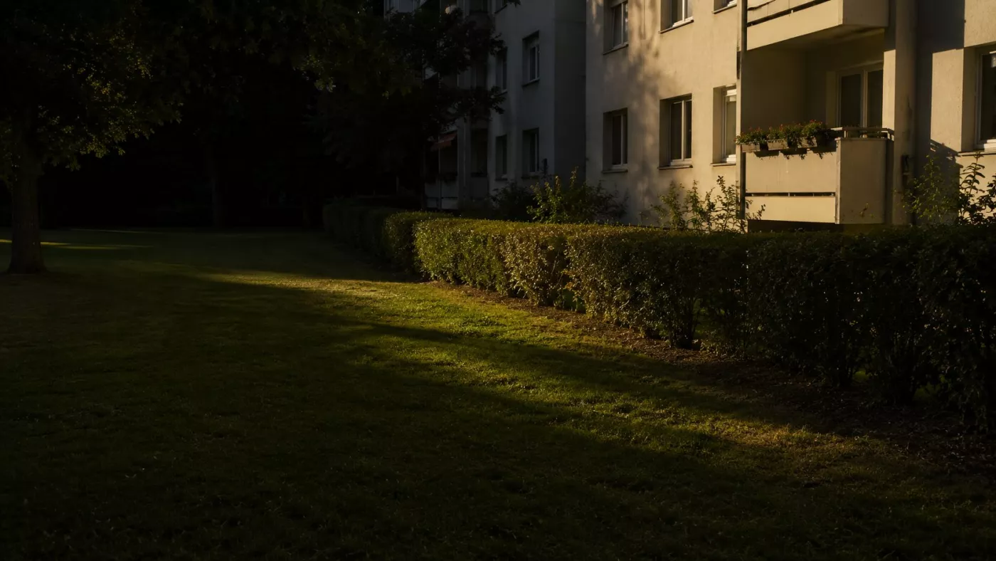 Gepflegte Grünfläche und geschnittene Hecke vor einem Mehrfamilienhaus in Braunschweig