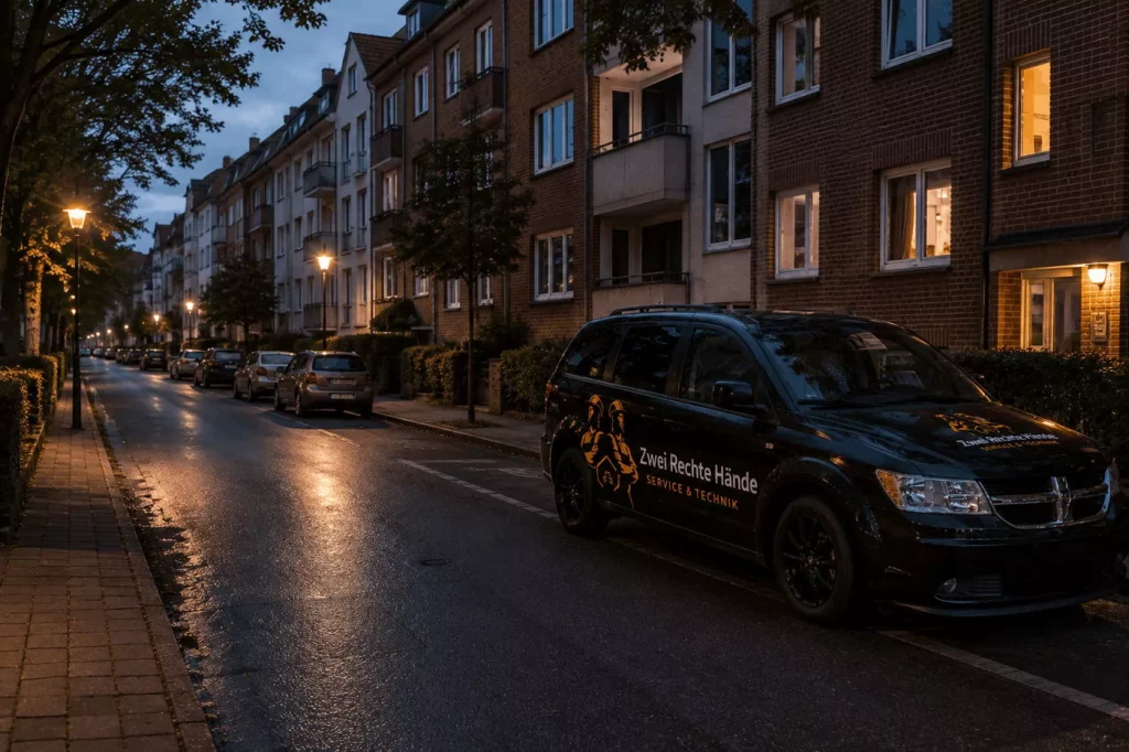 Beschriftetes Firmenfahrzeug von Zwei Rechte Hände Service & Technik in einer Wohnstraße in Braunschweig